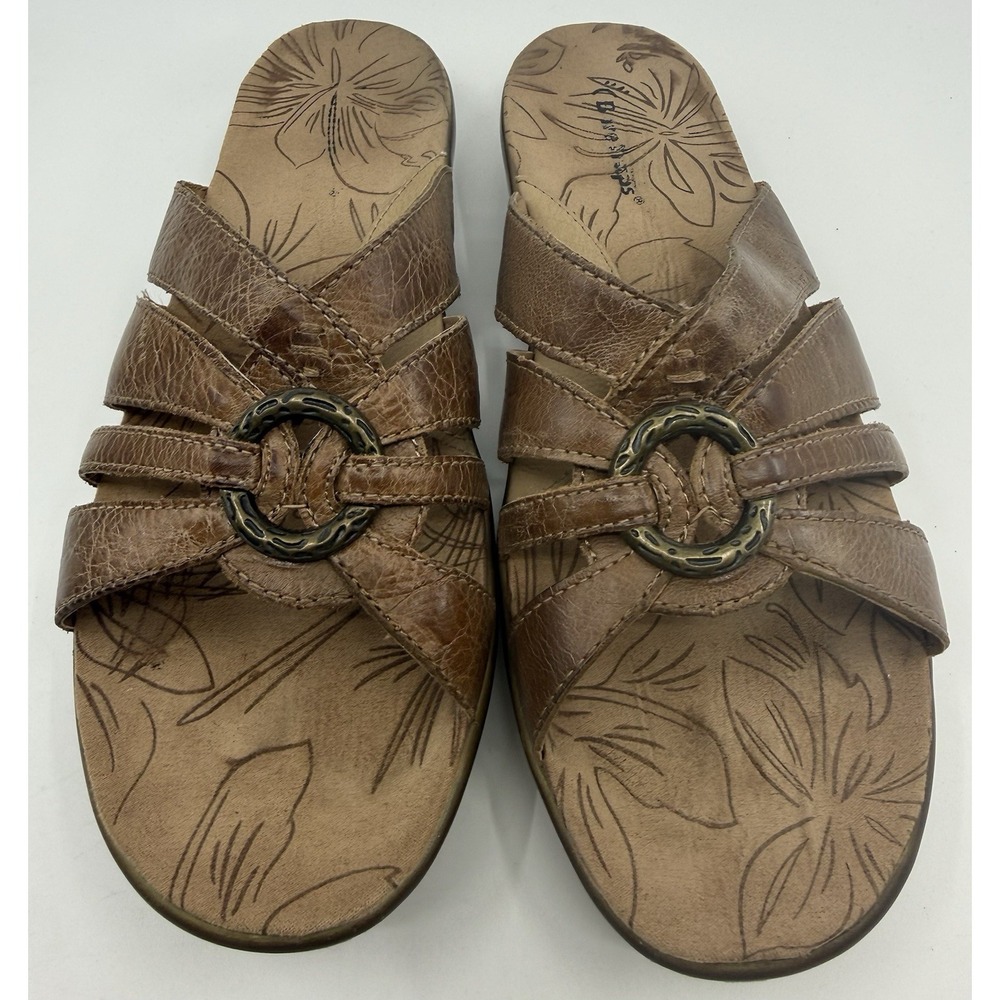 Baretrap Women's Brown Leather Slide Sandals Floral Buckle Accent Size 8.5 Kerry